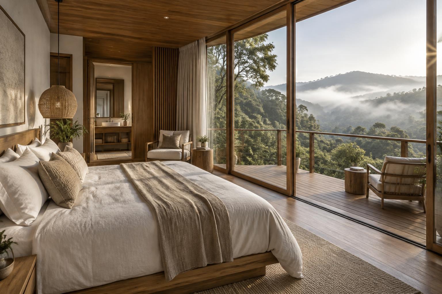 Suite with linen bedding and a wide window opening to misty forested hills