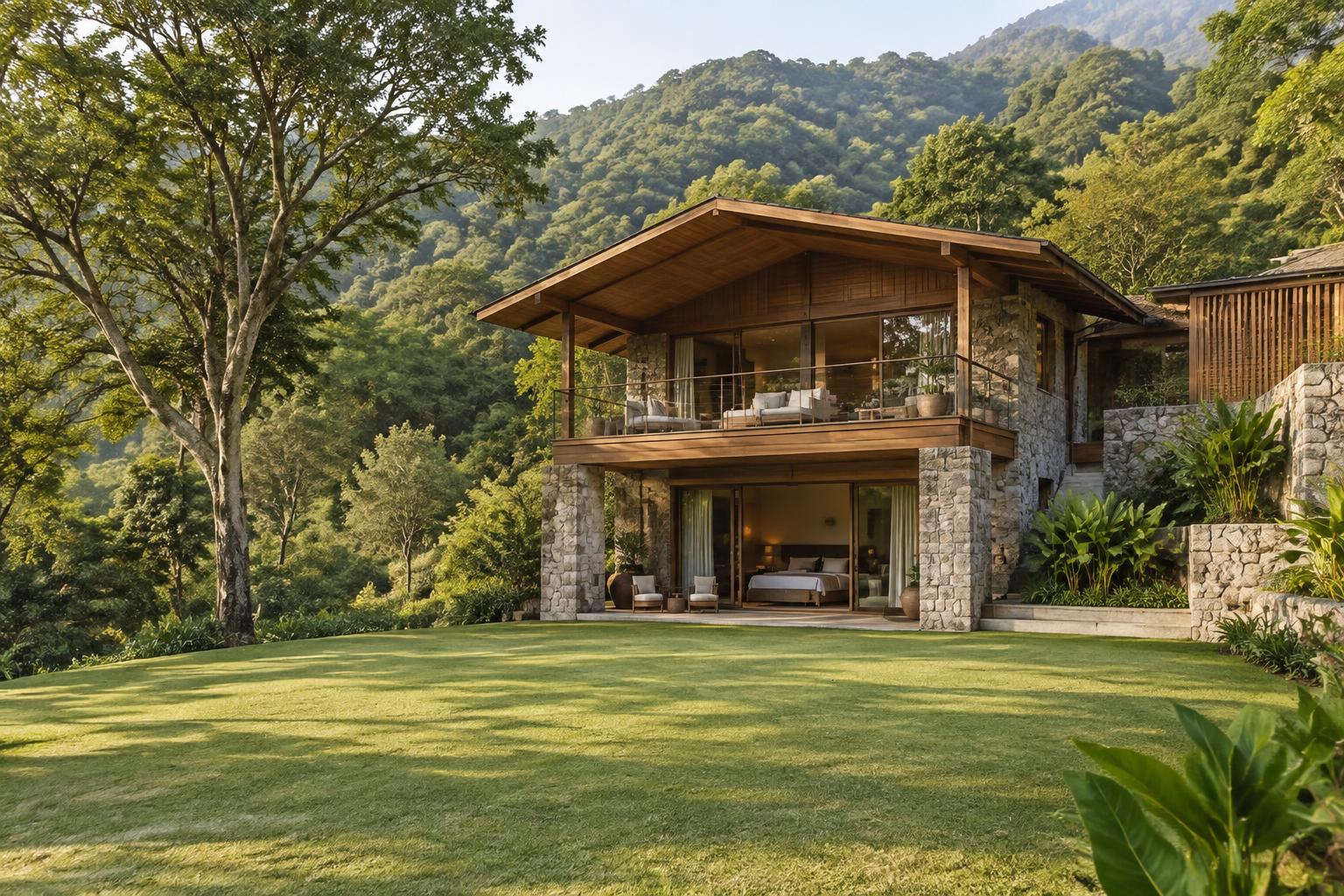 Timber and stone villa with a wide lawn in front and forested hills behind
